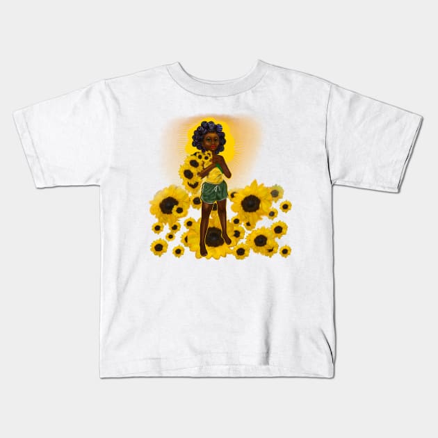 Anime Afro anime sunflower wielding warrior princess with Bantu knots - beautiful girl with Afro hair, brown eyes and dark brown skin Kids T-Shirt by Artonmytee